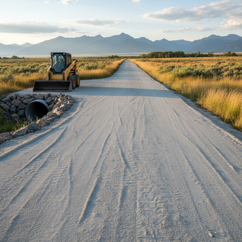 A newly constructed rural driveway carved through gently rolling Montana terrain, its compacted gravel surface smooth and evenly crowned for drainage. Tire impressions from a grader and excavator add subtle texture. On one side, a compact track loader is parked neatly with its bucket resting level, while a culvert inlet framed by riprap rock demonstrates proper water management. The surrounding fields are a mix of late-summer grasses, with distant blue-gray mountains under a soft, partly cloudy sky. Late-afternoon light creates a warm, trustworthy mood and gentle side lighting that enhances the texture of the gravel and machinery. Photographic realism, captured from a low, leading-line perspective down the driveway, emphasizing direction, progress, and professional workmanship.