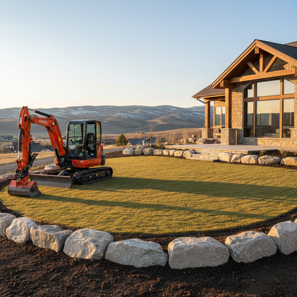 A high-end residential property near Bozeman with newly finished landscaping: a smooth, gently sloped yard graded to perfection, bordered by carefully placed boulders and fresh topsoil ready for sod. A compact excavator with a grading blade attachment is parked to one side, its metal surfaces clean and well-kept. The background features a modern mountain-style home with timber accents and expansive windows, framed by distant ridgelines. The image is lit by soft golden hour sunlight, giving the soil and rock a rich, warm tone and casting subtle, elongated shadows that emphasize contours. Photographic realism, shot from a medium-wide, slightly elevated viewpoint using the rule of thirds, creating a composed, professional atmosphere that highlights both excavation and landscaping expertise.