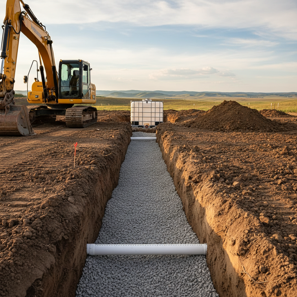 A meticulous septic system installation captured in photographic realism: an open trench with neatly bedded perforated pipe laid on evenly spread gravel, the white pipe contrasting against the rich brown Montana soil. An excavator is positioned to the side with its bucket resting gently on the ground, clearly showing careful, controlled work. In the midground, a modern septic tank sits level in its pit, surrounded by cleanly cut trench walls. The distant backdrop reveals soft-focus foothills and a big Montana sky with scattered clouds. Warm late-morning sunlight creates clear, professional-looking detail without harsh contrast. Shot at eye level with a balanced composition, the mood is confident and trustworthy, emphasizing quality septic services.