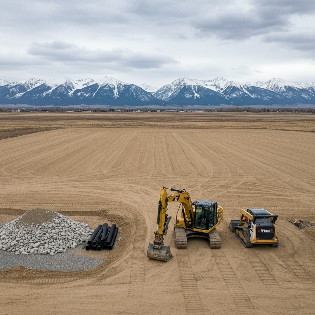 A freshly graded homesite on the outskirts of Bozeman, with smooth, level earth stretching toward distant snow-capped Montana mountains. In the foreground, a mid-sized excavator and a skid steer rest side by side, their tracks leaving clean, parallel impressions in the soil. Nearby, a tidy pile of river rock and stacked drainage pipe signal organized, professional site prep. Soft overcast light from a high, diffused sky eliminates harsh shadows, giving an even, detailed view of the textures in the dirt and rock. Photographic realism, captured from a slightly elevated angle with wide framing, conveying readiness, reliability, and top-tier excavation services for new construction.