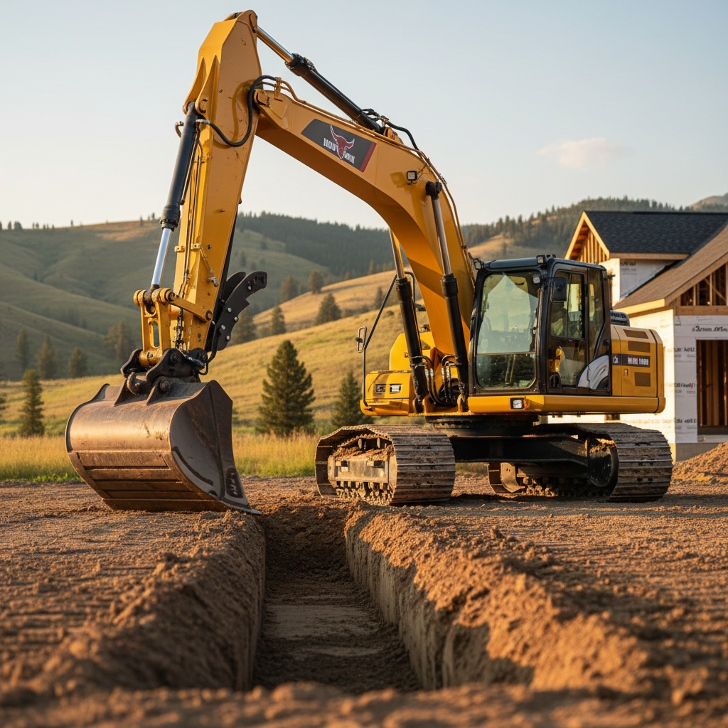 A heavy-duty yellow excavator with a clean, well-maintained finish and the Iron Horn-style branding colors, parked on level compacted soil at a residential jobsite in Greater Bozeman. Its steel bucket is poised over a neatly dug trench with crisp, straight edges, showing precise workmanship. In the background, rolling Montana hills and a few scattered pines are softly blurred, with a partially framed house visible. Late afternoon golden sunlight casts long, defined shadows and highlights the excavator’s hydraulic lines and metal textures. Photographic realism, shot from a slightly low angle to emphasize reliability and strength, with a sharp focus on the machine and trench, and a calm, professional atmosphere suitable for a homepage hero image.
